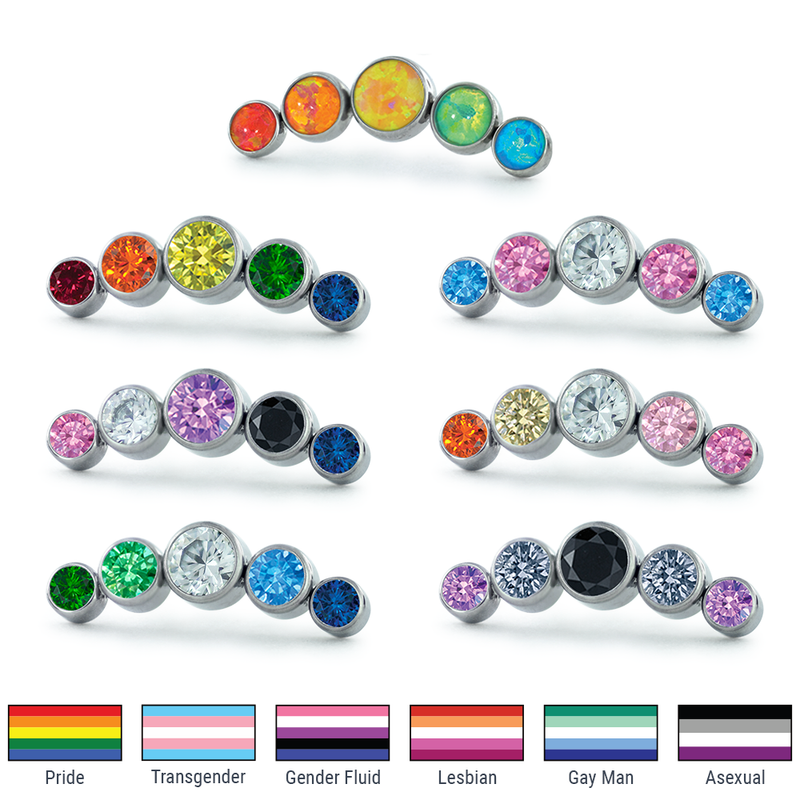 Threadless Titanium Curved Bezel Set Clusters featuring colors for Pride Flag, Transgender Flag, Gender Fluid Flag, Lesbian Flag, Gay Man Flag, and Asexual Flag