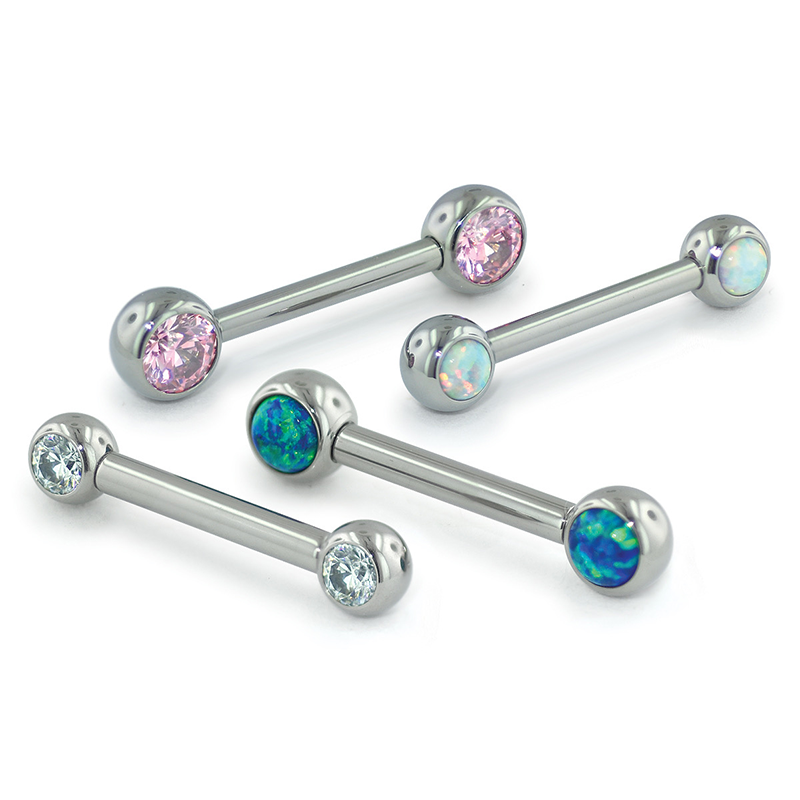 Four threadless titanium nipple bars with various faceted and cabochon side gems