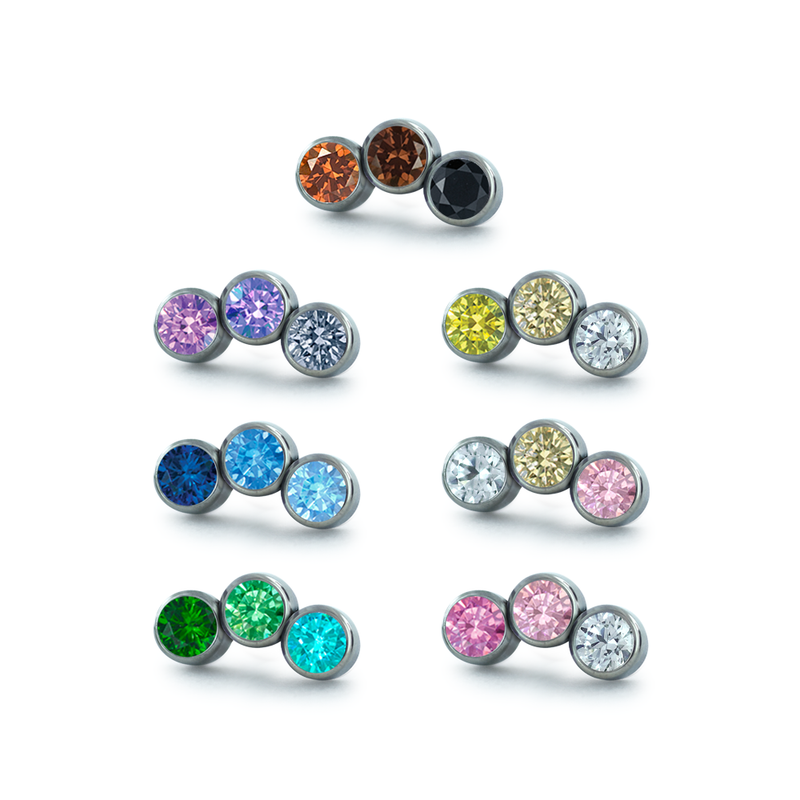 Seven color options for the three pieced petite curve bezel set cluster with faceted gems