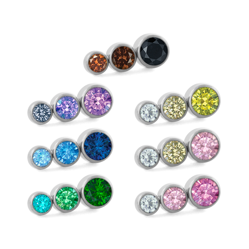 Seven color options for the three pieced taper bezel set cluster with faceted gems