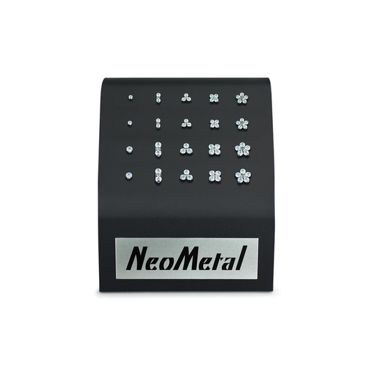 20 piece black acrylic gem display with NeoMetal logo featuring Prong set gem ends, duet gem ends, trinity gem ends, forte gem ends, and flower gem ends