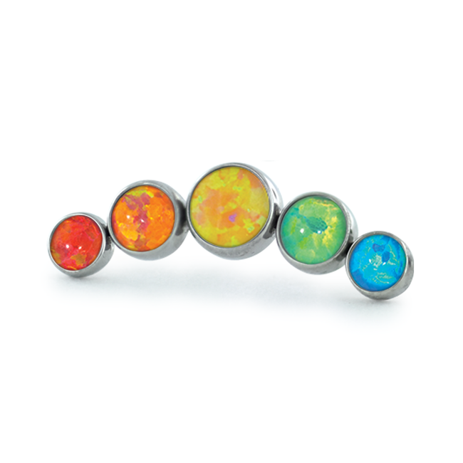 Threadless Titanium Curved Bezel Set Clusters featuring cabochon colors for Pride Flag