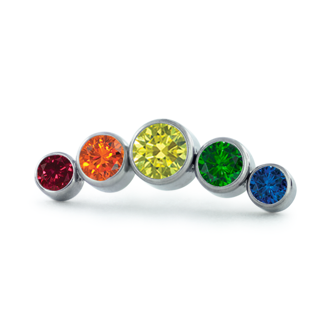 Threadless Titanium Curved Bezel Set Clusters featuring faceted colors for the Pride Flag