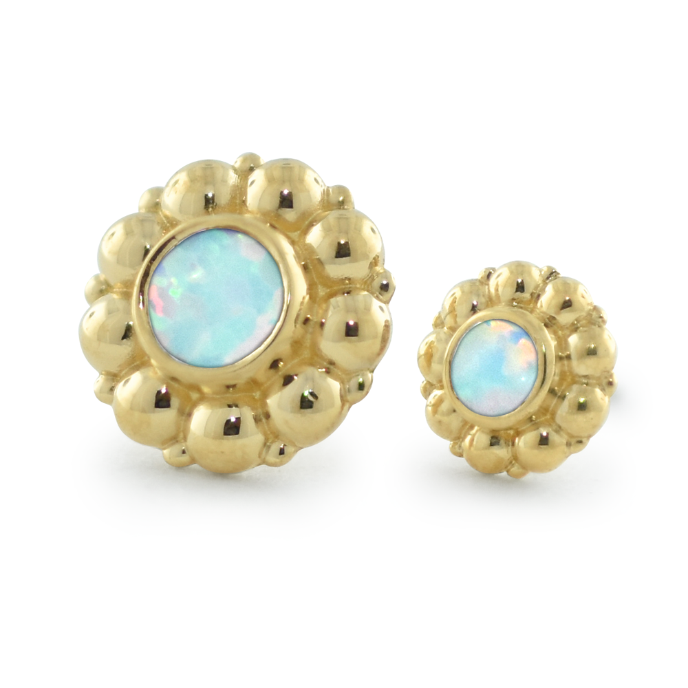 2 sizes of 18K Yellow Gold Kumo Ends with White Opal Cabochons