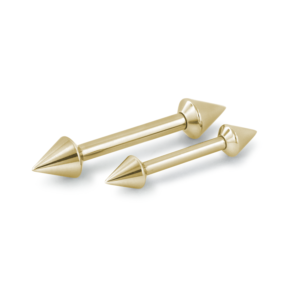 Two 18K Yellow Gold barbells with 18K Yellow Gold Spear Ends on both ends