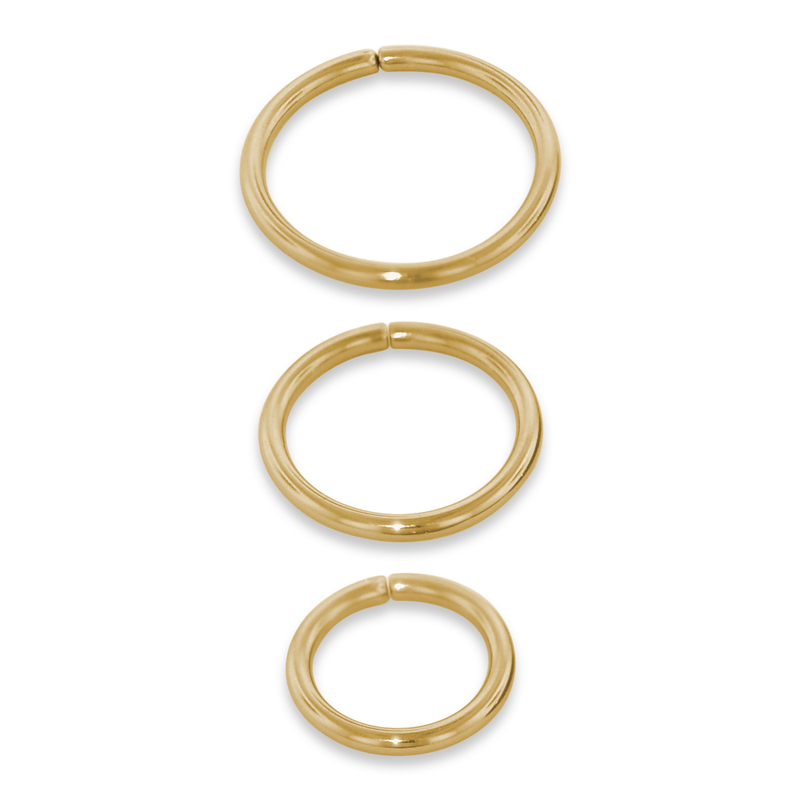 3 sizes of 18 gauge 18 karat gold seam rings. Available in yellow gold and rose gold.