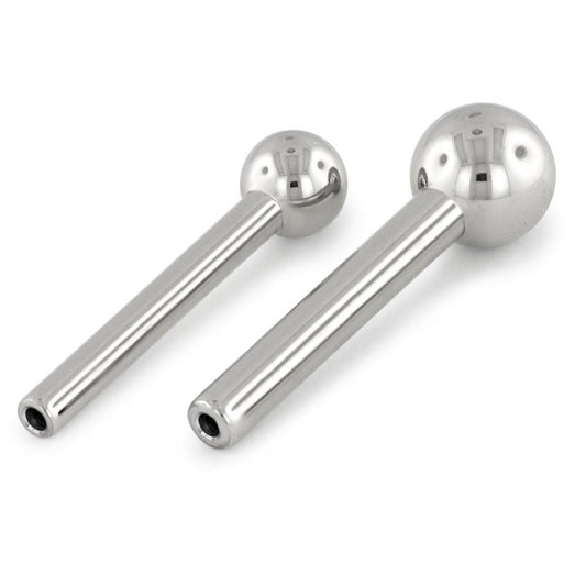 A 16 gauge and 18 gauge threadless titanium barbell shaft with titanium ball end.
