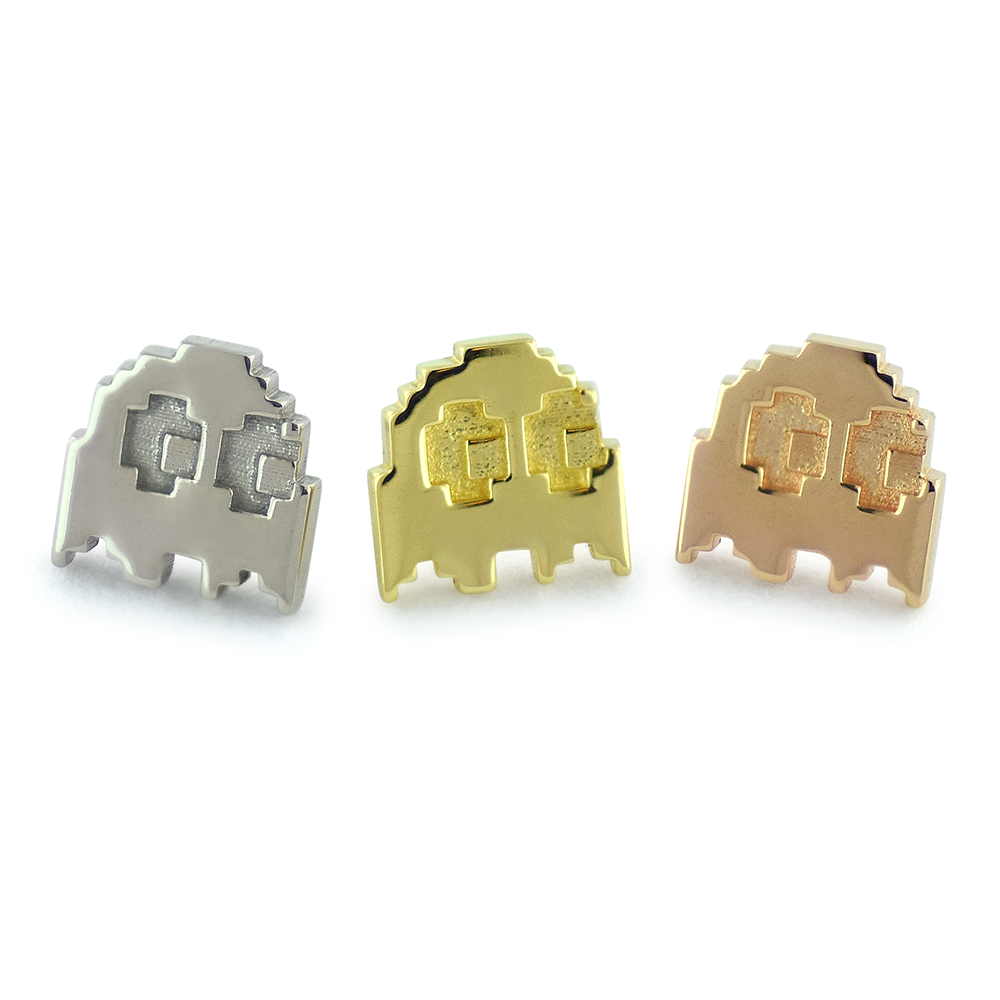 18K Gold 8-bit ghosts in white, yellow, and rose gold