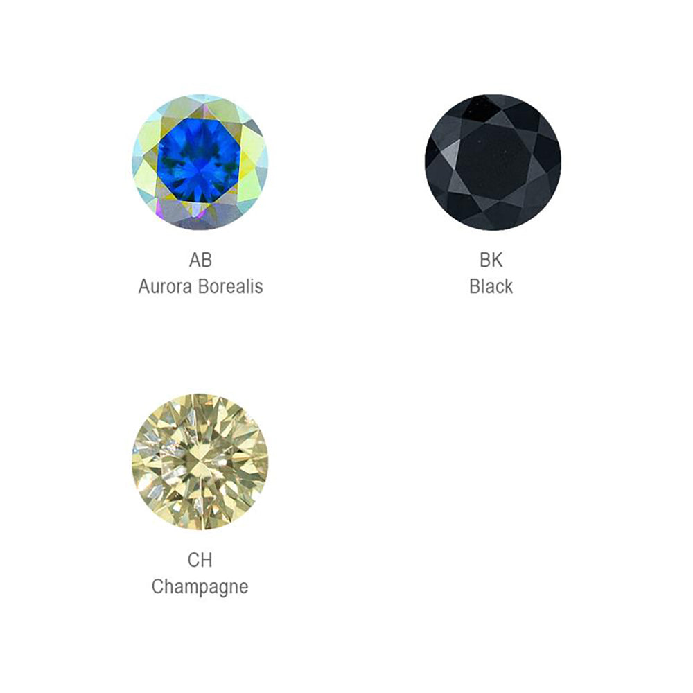 Example colors for Aurora Borealis, Black, and Champagne faceted gems