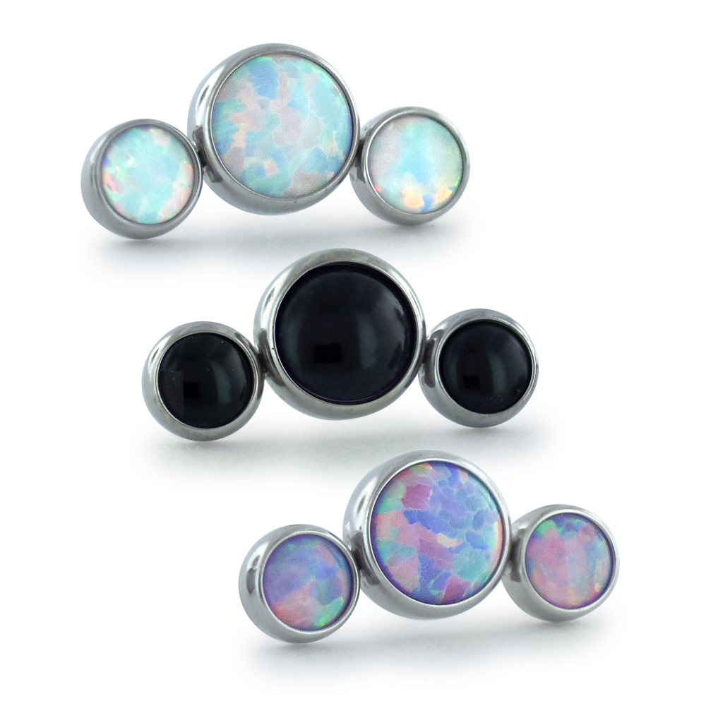 3-piece threadless titanium bezel set cabochon cluster - curved with white opal, black, and peacock opal cabochons 