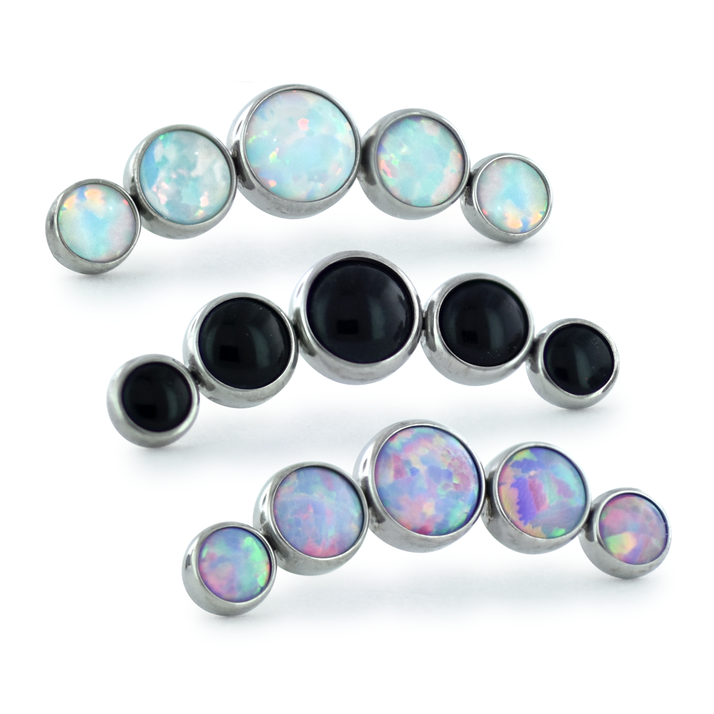 5-piece threadless titanium bezel set cabochon cluster - curved with white opal, black, and lavender opal cabochons