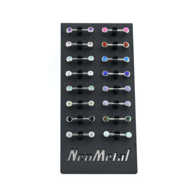 Black Metal Display with Engraved NeoMetal logo, features 16 Versi Clips to display Barbells and Nipple Bars