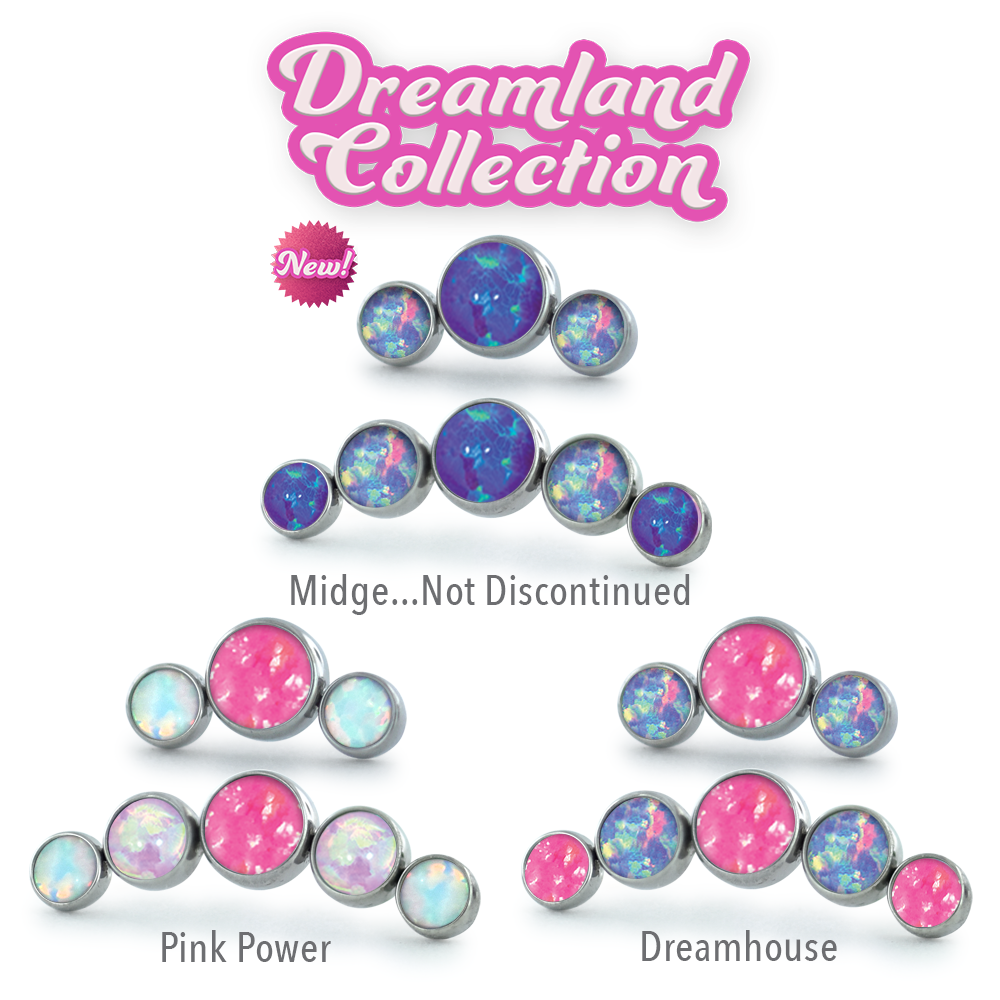 Dreamhouse Collection Titanium Bezel Set Cabochon Curved Clusters featuring our Pink Dreams, Out-of-the-Box, and Midge...Not Discontinued color combinations