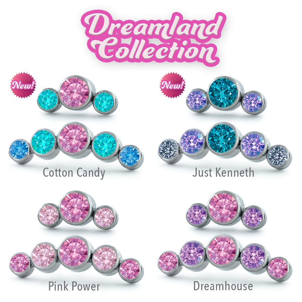 Dreamhouse Collection Titanium Bezel Set Faceted Curved Clusters featuring our Cotton Candy, Just Kenneth, Pink Power, and Dreamhouse color combinations