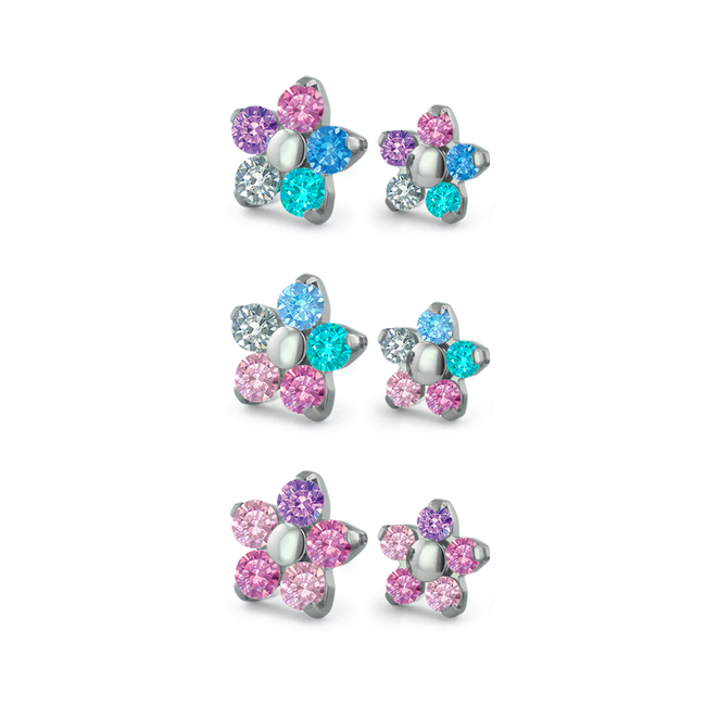 Dreamland Collection Titanium Flower Gem Ends featuring our Pink Power, Dreamhouse, and Cotton Candy color combinations