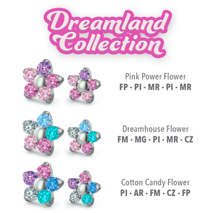 Dreamland Collection Titanium Flower Gem Ends featuring our Pink Power, Dreamhouse, and Cotton Candy color combinations