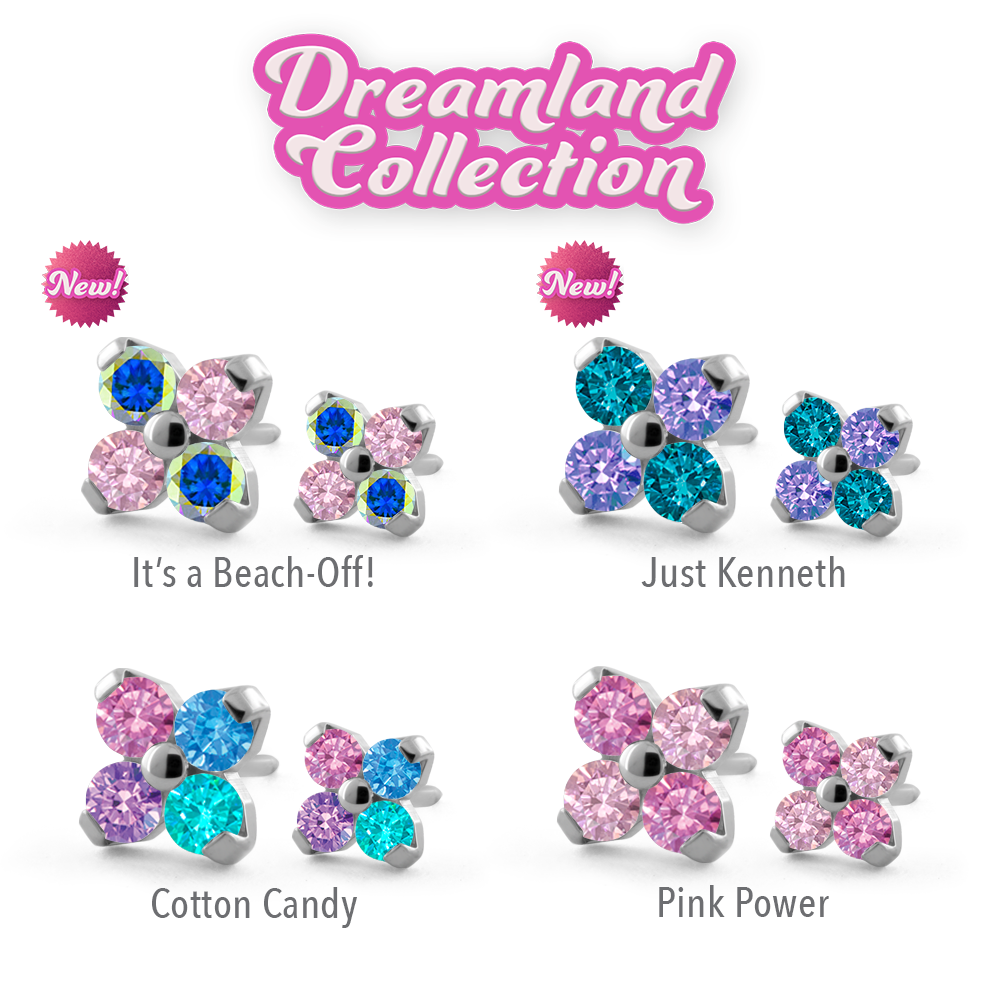 Dreamland Collection Titanium Forte Gem Ends featuring our Pink Power, Cotton Candy, It's a Beach-Off!, and Just Kenneth color combinations