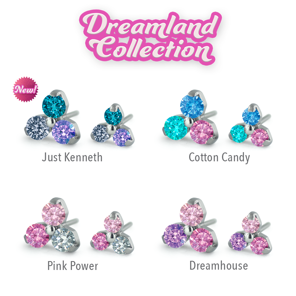 Dreamland Collection Titanium Trinity Gem Ends featuring our Pink Power, Dreamhouse, Cotton Candy, and Just Kenneth color combinations