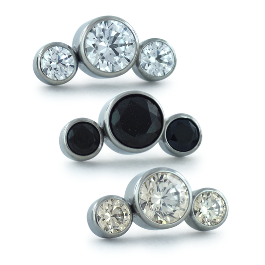 3-piece threadless titanium bezel set gem cluster - curved with cubic zirconia, black, and champagne gem colors