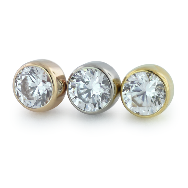 18K Rose Gold, White Gold, and Yellow Gold Bezel Set Gem Ends with Cubic Zirconia Faceted Gems