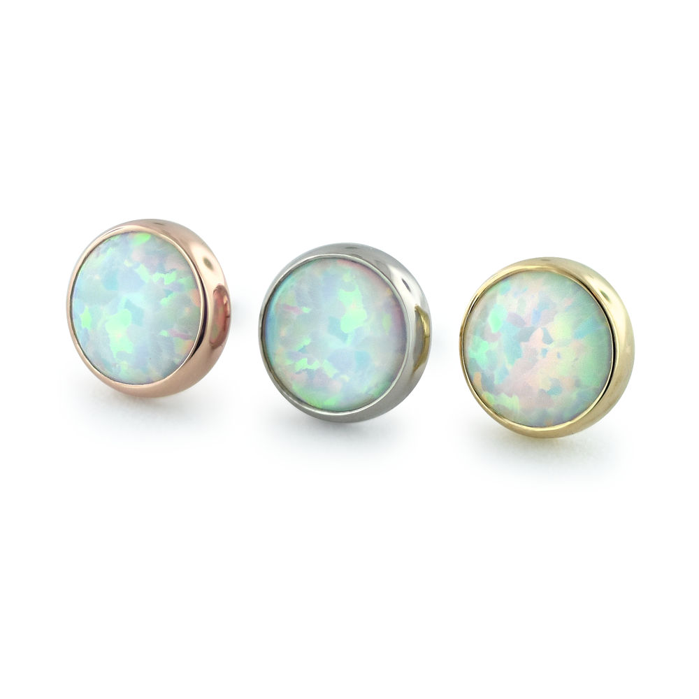 18K Rose Gold, White Gold, and Yellow Gold Bezel Set Cabochon Gem Ends with White Opal Cabochons