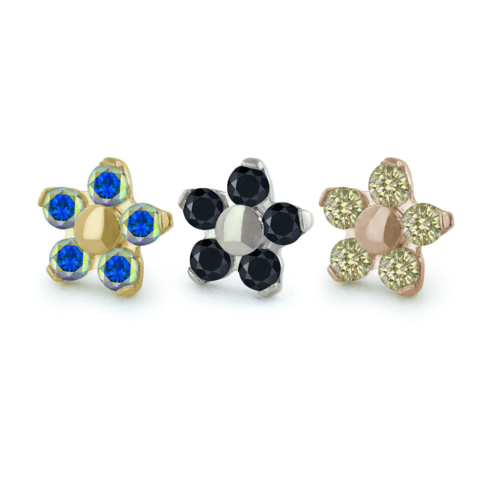 3 18K gold flower gem ends with yellow gold, rose gold, and white gold settings and Aurora Borealis, Black, and Champagne faceted gems