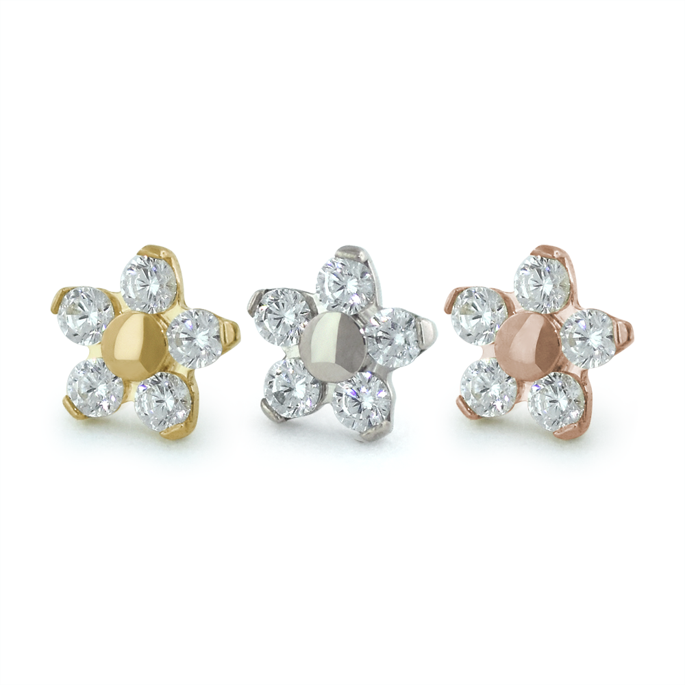 18K Flower Gem Ends in Yellow Gold, White Gold, and Rose Gold with Cubic Zirconia gems