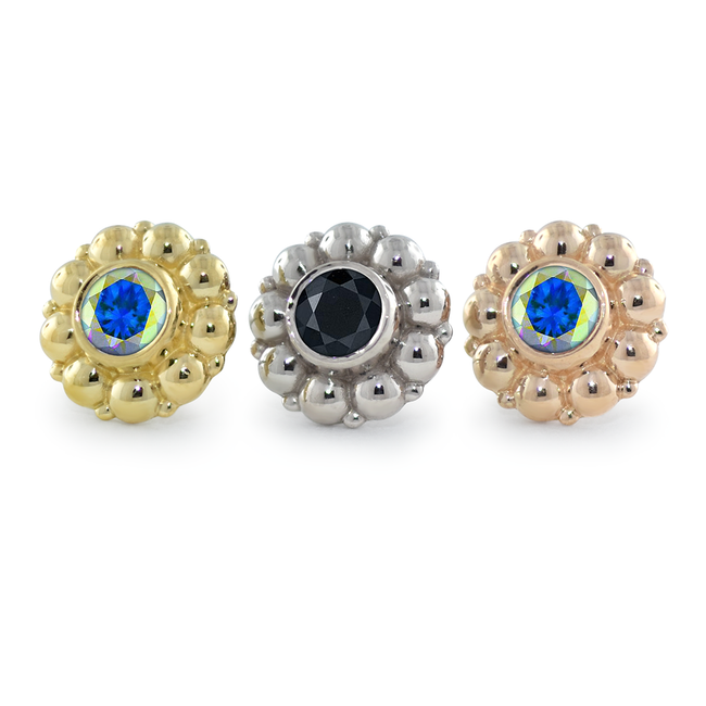 3 18K Gold Kumo Ends featuring yellow gold, white gold, and rose gold with Aurora Borealis and Black faceted gems