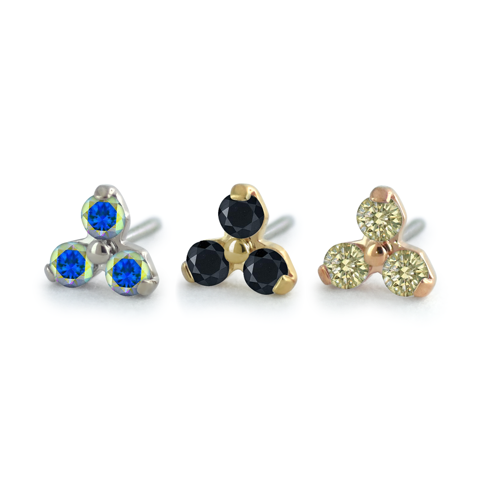 3 18K gold trinity gem ends with yellow gold, rose gold, and white gold settings and Aurora Borealis, Black, and Champagne faceted gems