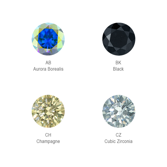 color examples for Aurora Borealis, Black, Champagne, and Cubic Zirconia faceted gems