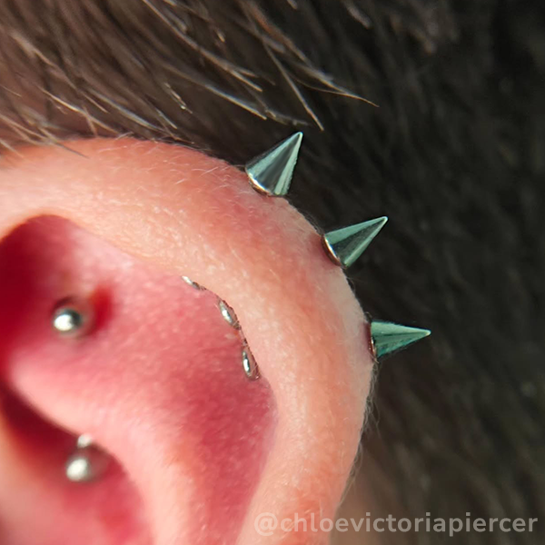 'Earhawk', Titanium spears in helix piercings