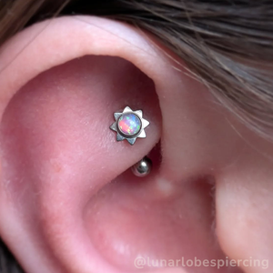 Rook piercing with Pink Opal Sun Cabochon