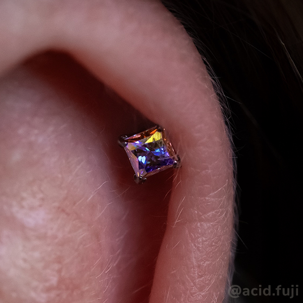 AB princess cut gem in helix piercing 