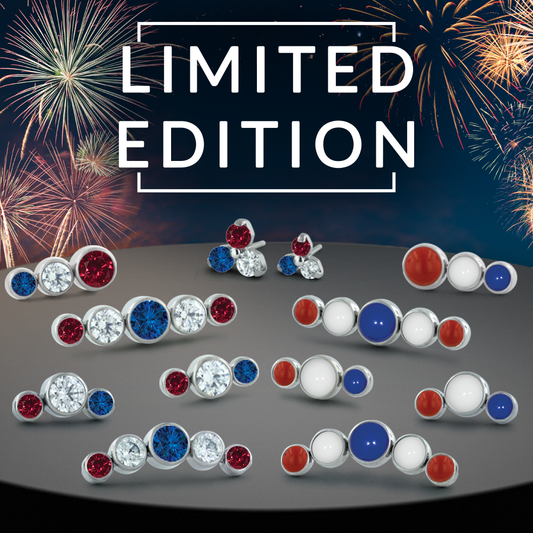 Red White and Blue Threadless Titanium Trinity Gem Ends in 2mm and 1.5mm sizes