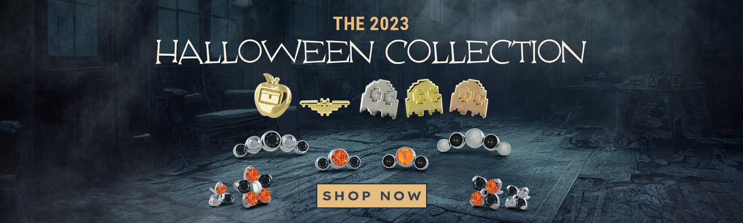 Halloween 2023 products featuring Threadless Titanium Trinity, Forte, Flower, and Cluster as well as 18K Gold Bad Apples, 8-Bit Bats, and 8-Bit Ghosts