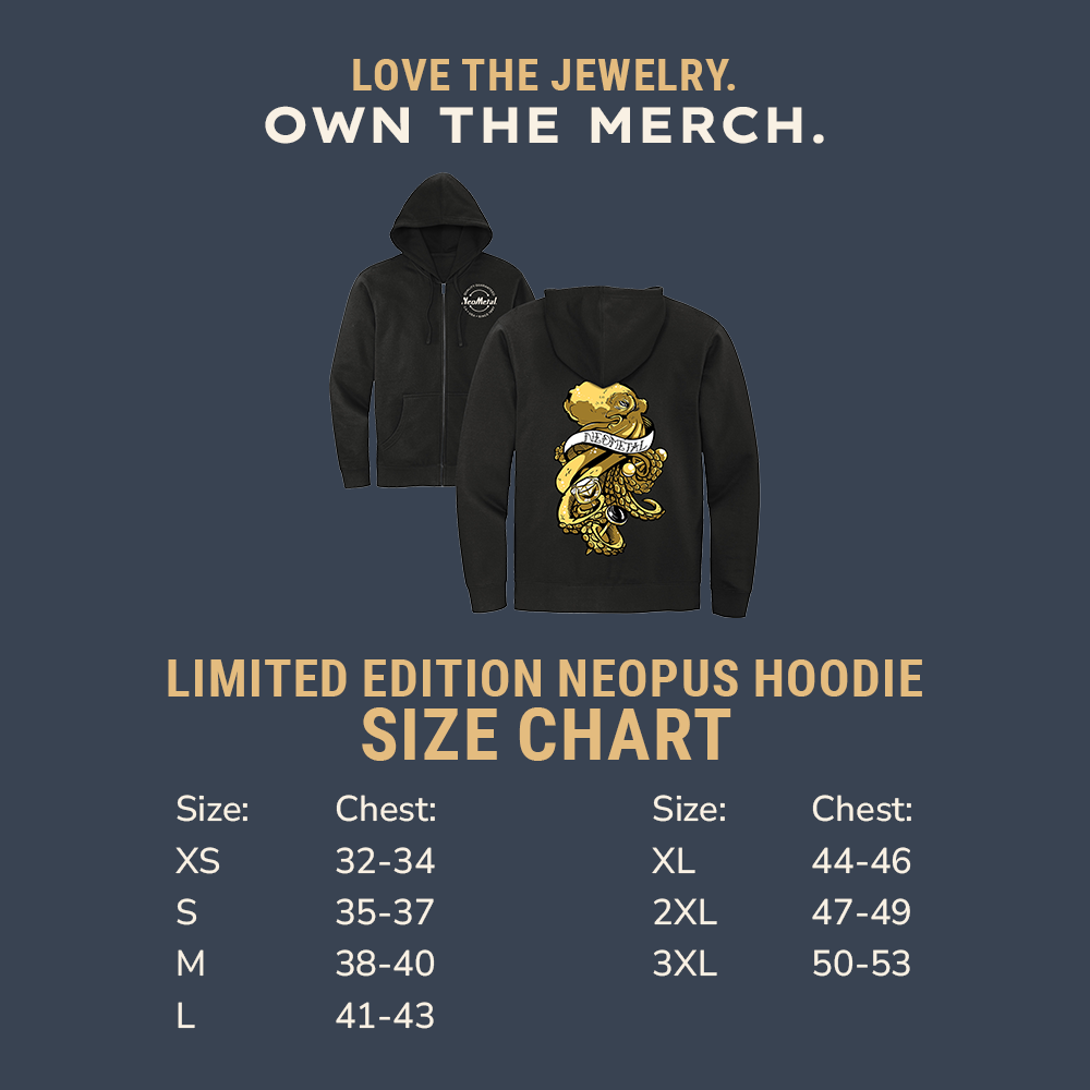 Chest Size guide in inches for Neopus Hoodie. XS is 32-34, S is 35-57, M is 38-40, L is 41-43, XL is 44-46, 2XL is 47-49, and 3XL is 50-53