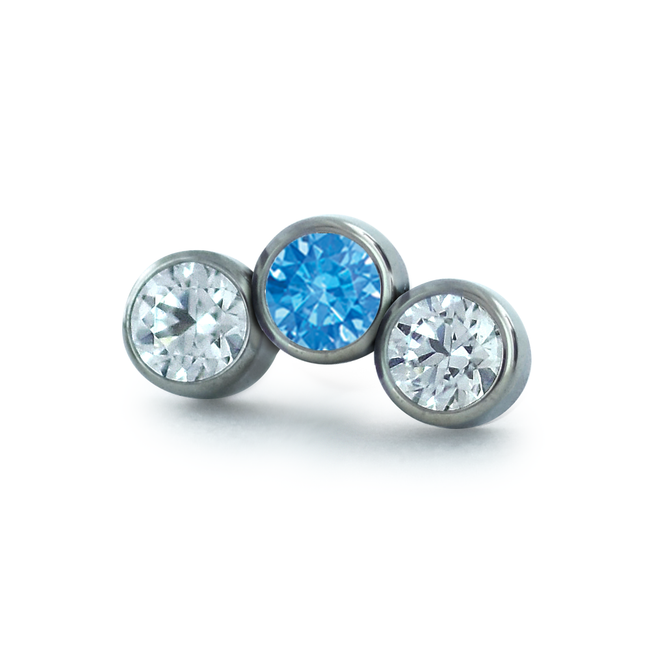 A 3-piece curved cluster featuring 1.5mm Cubic Zirconia and Arctic Blue Faceted Gems in threadless titanium bezel settings