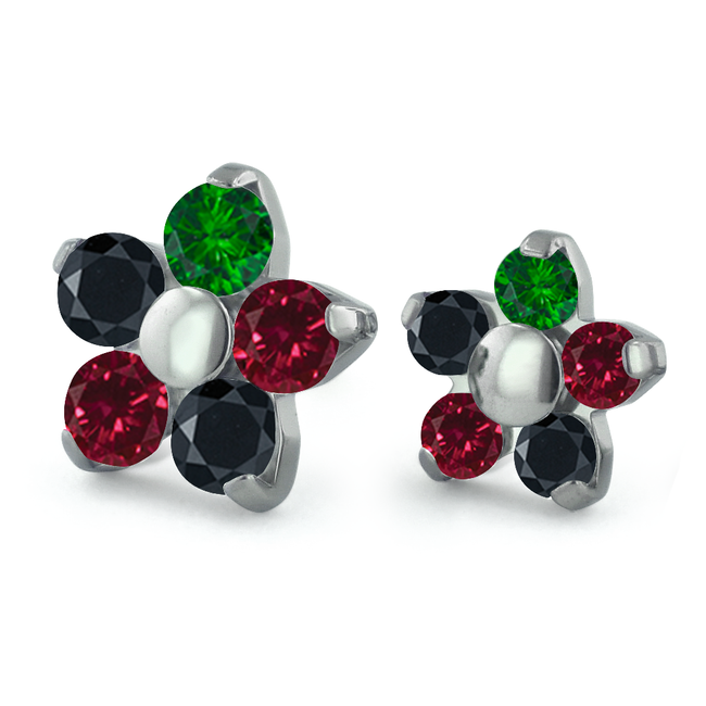 2mm and 1.5mm Titanium Flower Gem End with Ruby, Emerald, and Black Faceted Gems