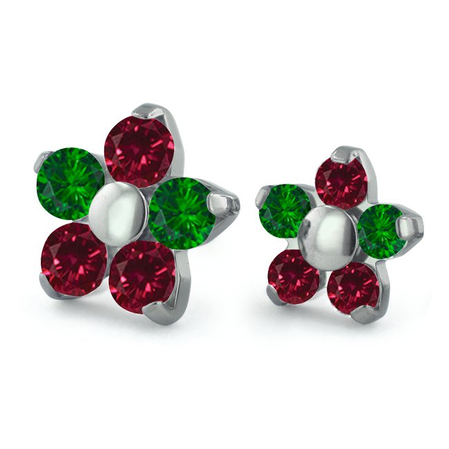 2mm and 1.5mm Titanium Flower Gem End with Ruby and Emerald Faceted Gems
