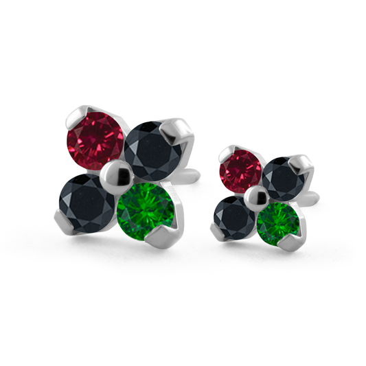 A 1.5mm and 2mm Threadless Titanium Forte Gem End with Ruby, Emerald, and Black Faceted Gems