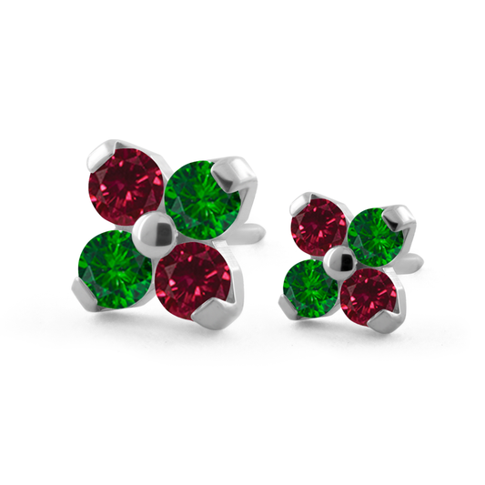 A 1.5mm and 2mm Threadless Titanium Forte Gem End with Ruby and Emerald Faceted Gems