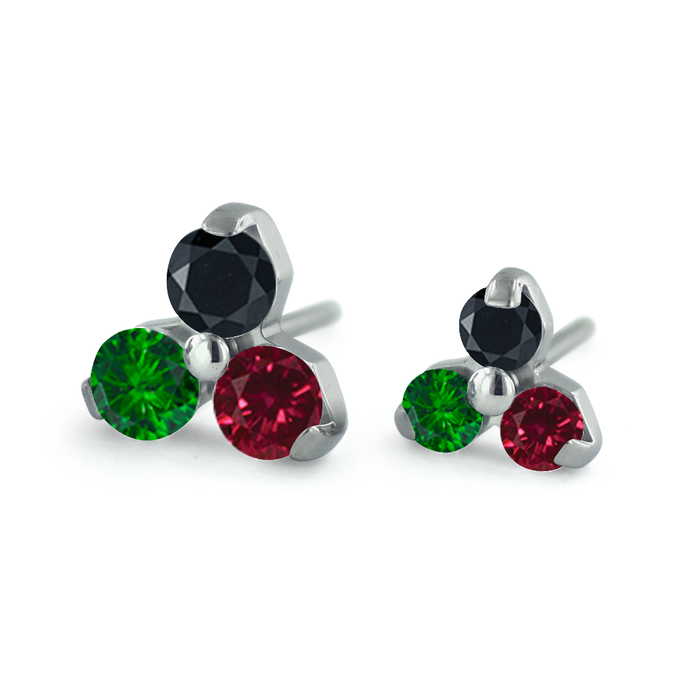 2mm and 1.5mm Titanium Trinities featuring Ruby, Emerald, and Black Faceted Gems