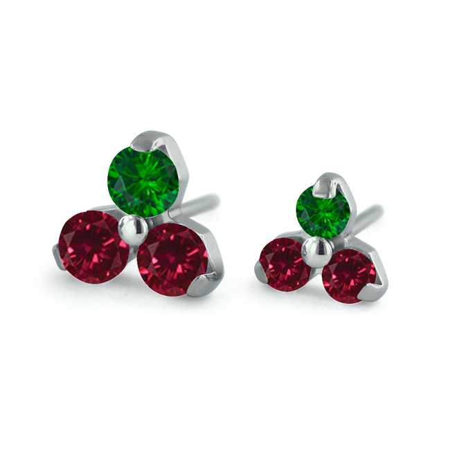 2mm and 1.5mm Titanium Trinities featuring Ruby and Emerald Faceted Gems