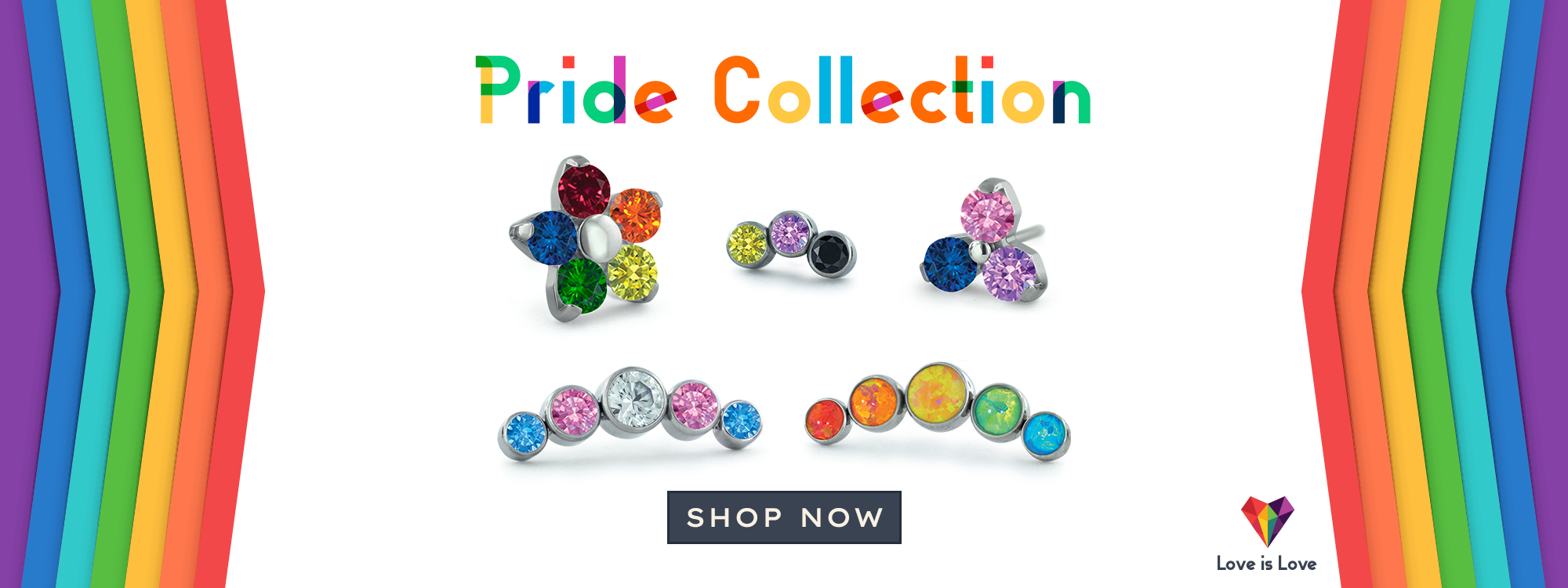 Pride Collection featuring Trinities, Flowers, Curved Clusters, and Petite Clusters in various LGBTQ+ Flag colors