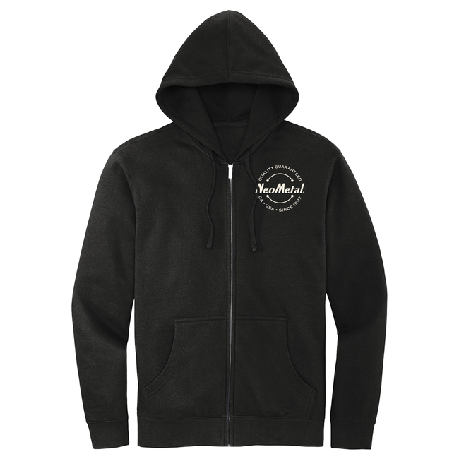 Front of a black hoodie featuring a NeoMetal logo