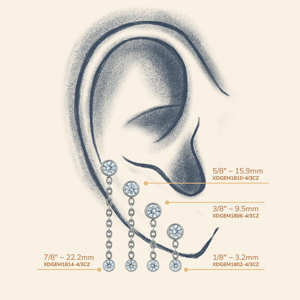 An ear featuring an assortment of our Titanium Dangles
