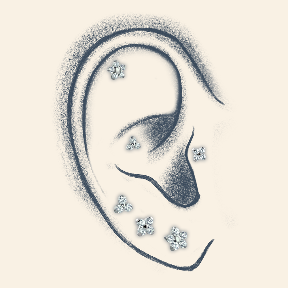 A drawn ear with different possible placements for the Trinity, Forte, and Flower gem ends