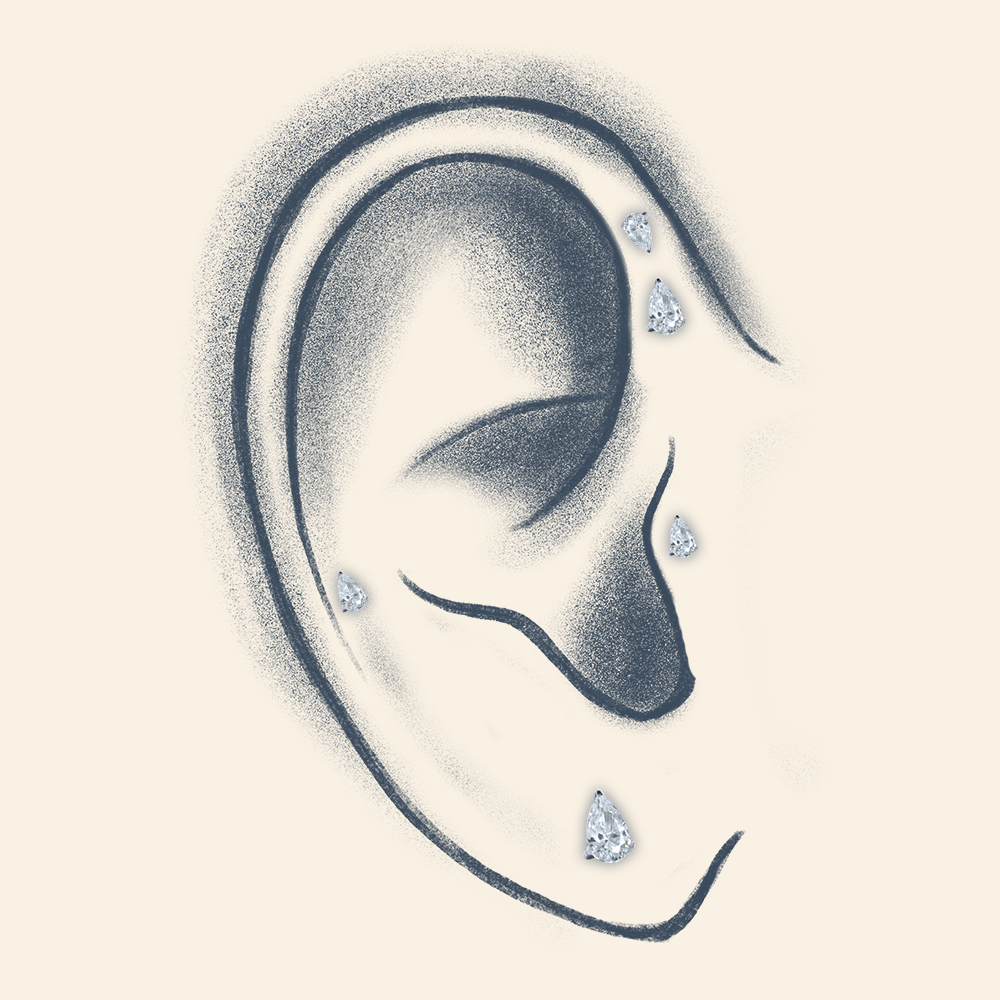 A drawn ear with different possible placements for the pear cut gem ends