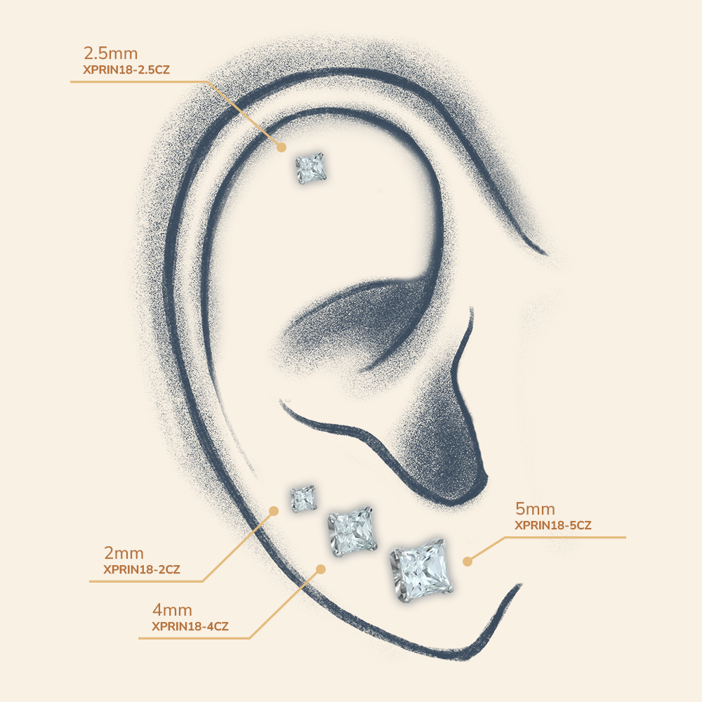 A drawn ear with different possible placements for the princess gem ends