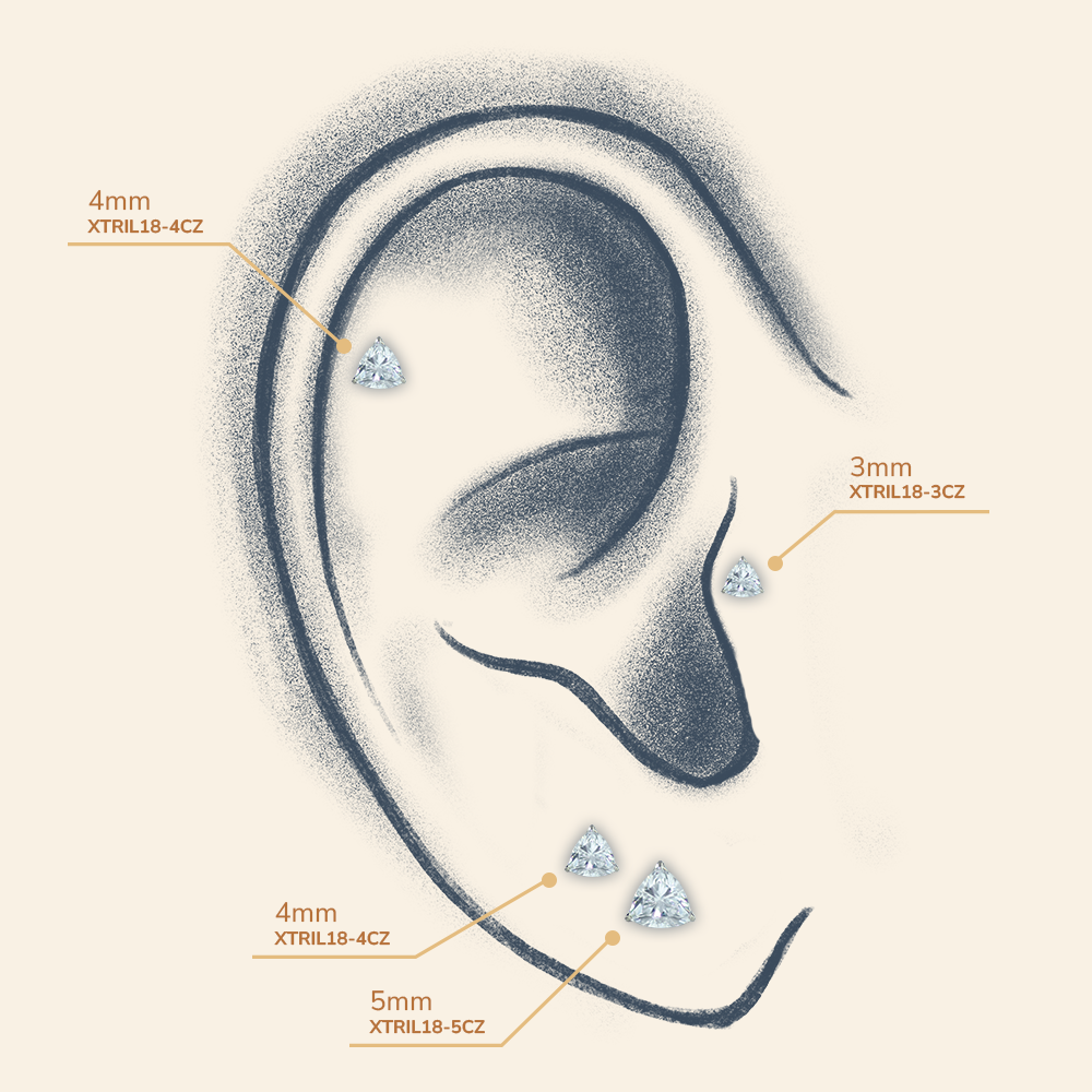 A drawn ear with different possible placements for the trillion cut gem ends